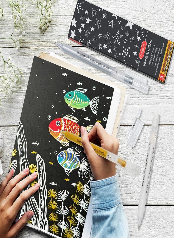 باندافلاي أقلام جل باندافلاي ذهبية وفضية وبيضاء، برأس رفيع للغاية 0.5 مم، حبر أرشيفي، مثالية للكتابة والرسم والفنون - هدية مثالية للفنانين، وهدايا الأعياد، ومشاريع الأعمال اليدوية، عبوة من 3 أقلام - Image 4